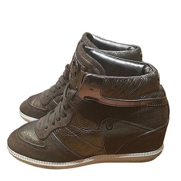MICHAEL KORS NIKKO HIGH TOP WEDGE SNEAKERS Brown Suede Hidden Wedge Women's 7.5 - Picture 3 of 13